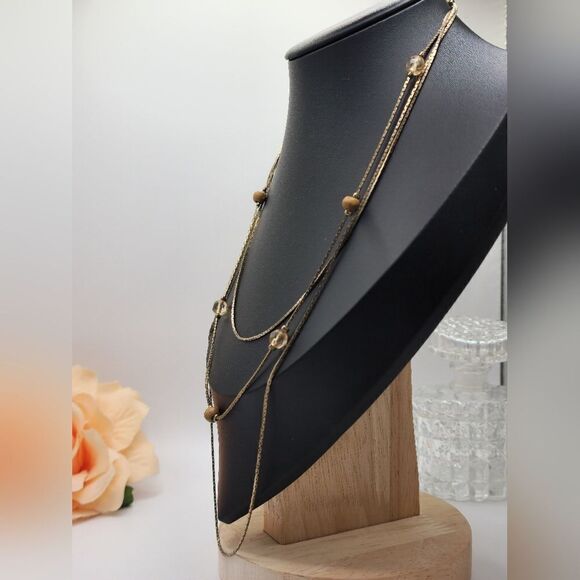 Vintage triple strand gold chain beaded necklace - Picture 2 of 5